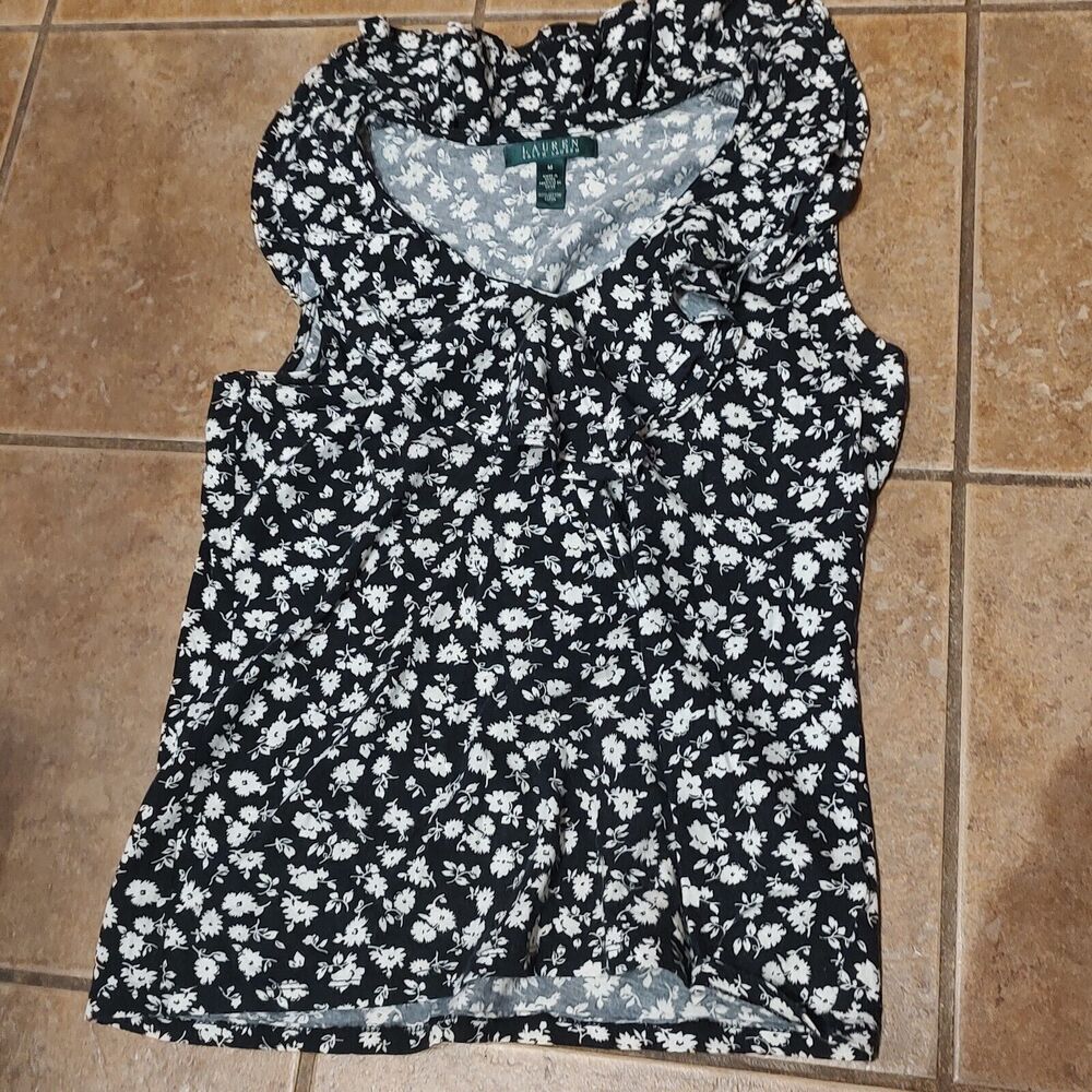 Lauren Ralph Lauren Blouse Women's M Black Floral Ruffle Neckline Sleeveless Top